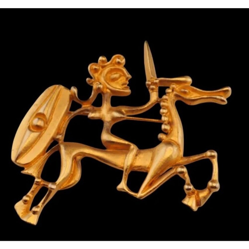 Woman Warrior Don Quixote On Horse Gold Figural Vintage Brooch One of a Kind VTG